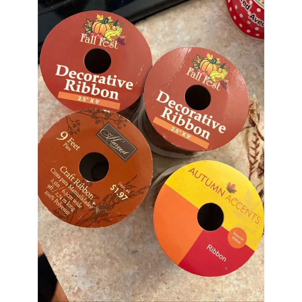Fall Autumn Ribbon Bundle Solid Print Gold Orange Green Brown Ivory NEW 4 Spools